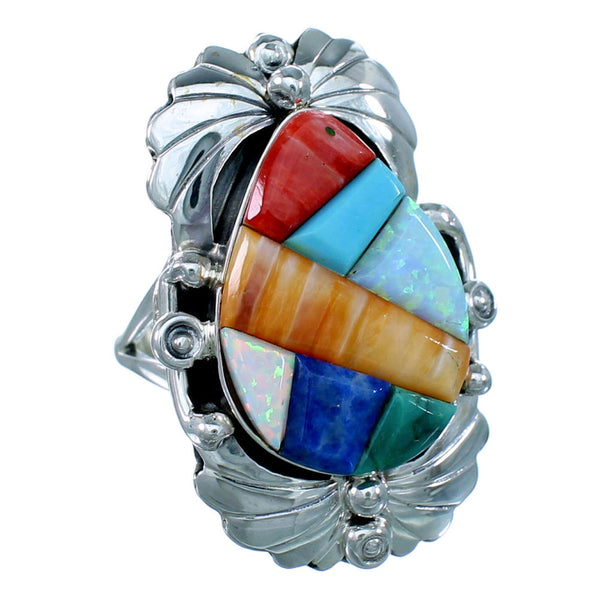 Genuine Sterling Silver Native American Multicolor Cobble Inlay Ring Size 8-3/4 RX110886